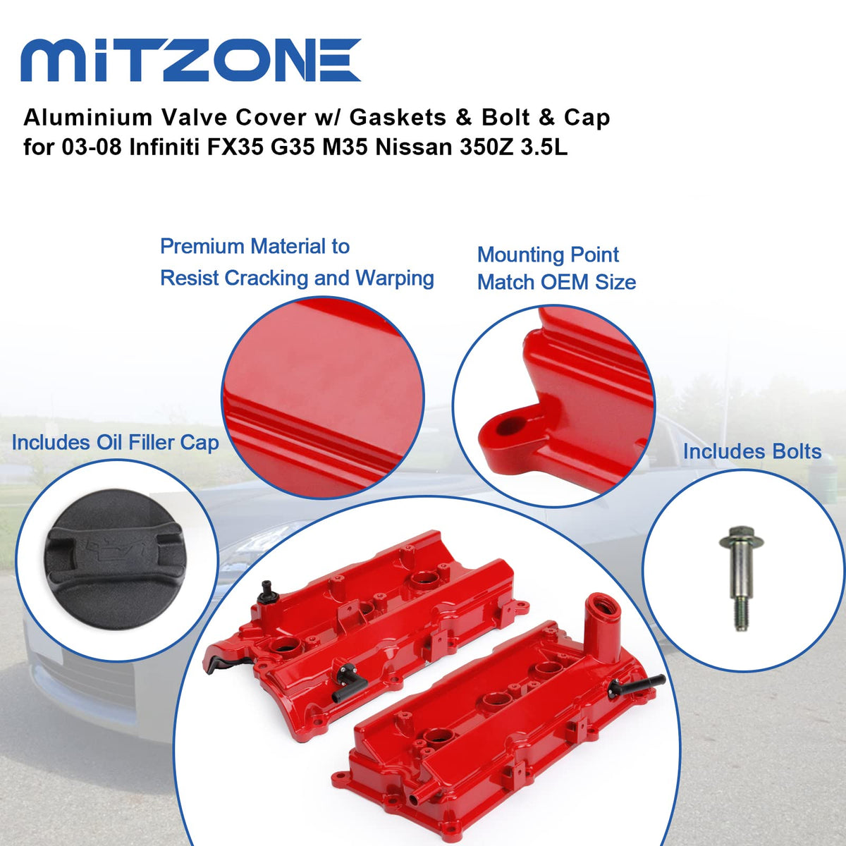MITZONE left valve cover installed on engine showing correct fitment