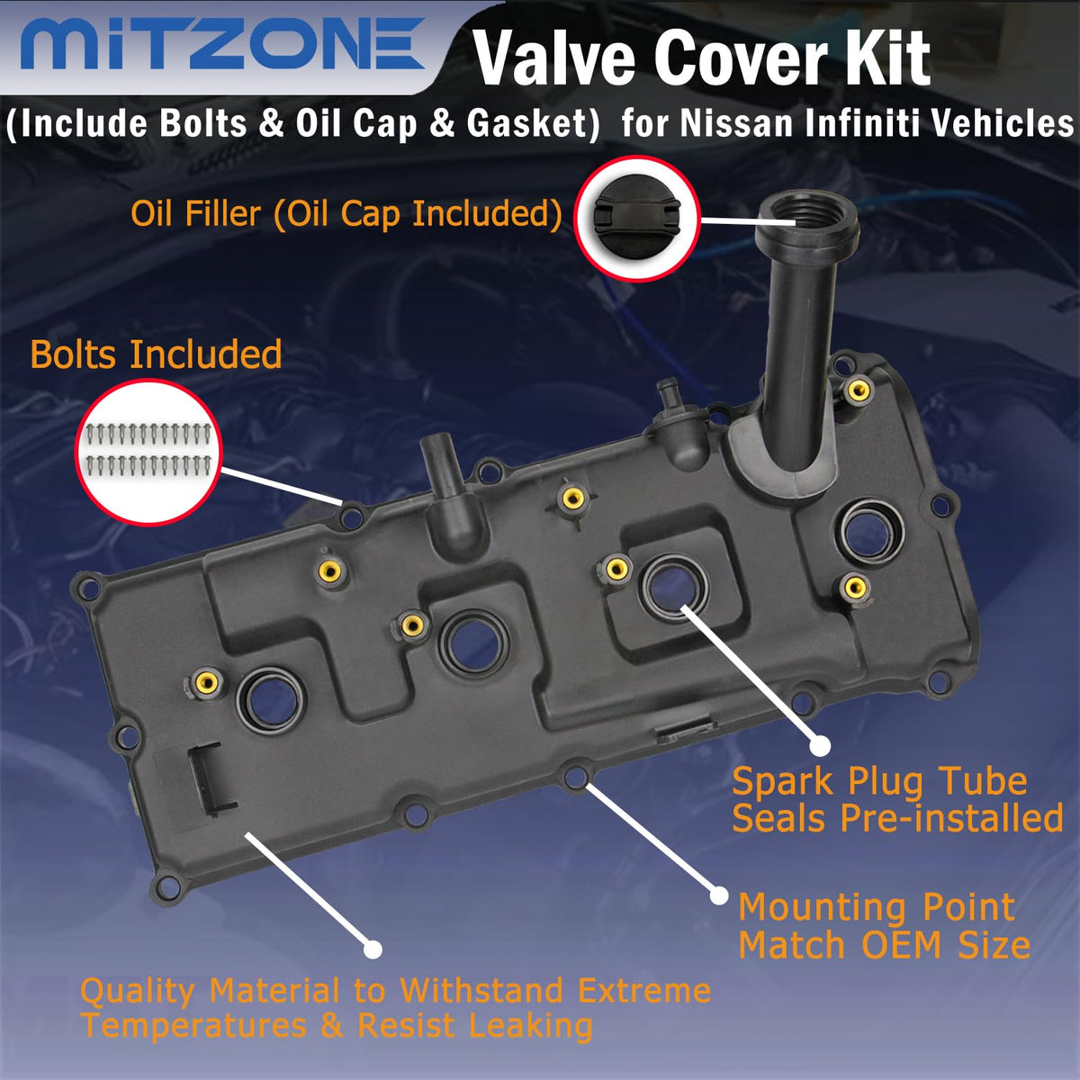 MITZONE oil filler cap and bolts laid out for a complete, ready-to-install kit