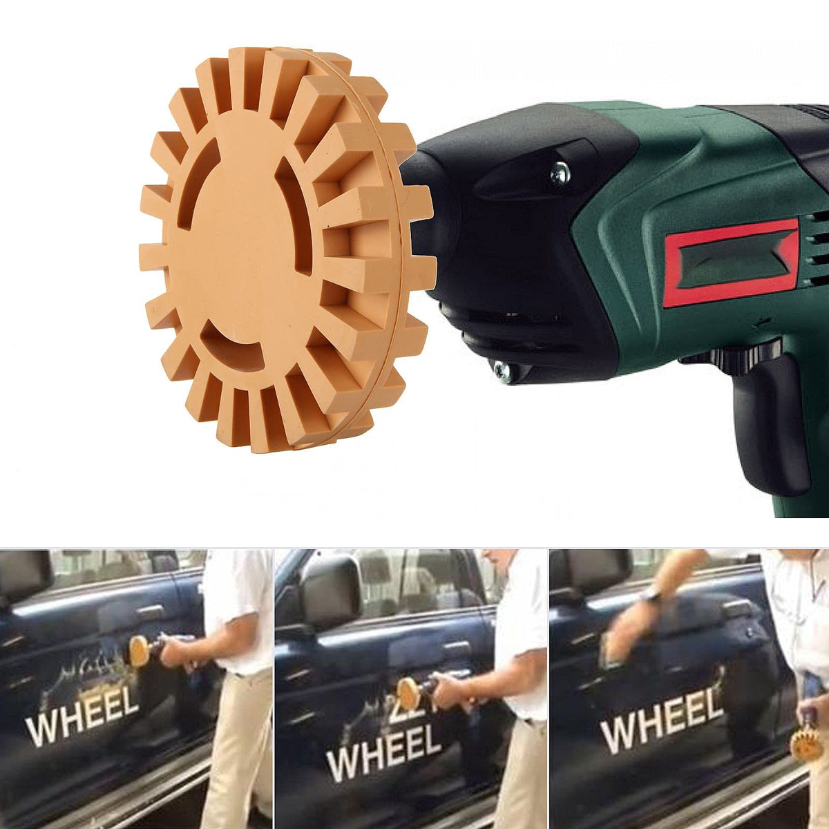 MIVIDE eraser wheel mounted on drill removing sticker, speeds up adhesive removal