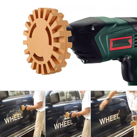 MIVIDE eraser wheel mounted on drill removing sticker, speeds up adhesive removal