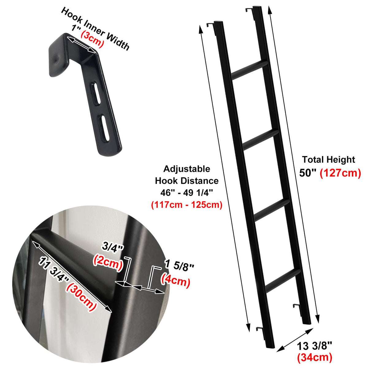 MIWOOYY ladder beside ruler showing 50-inch length for easy sizing