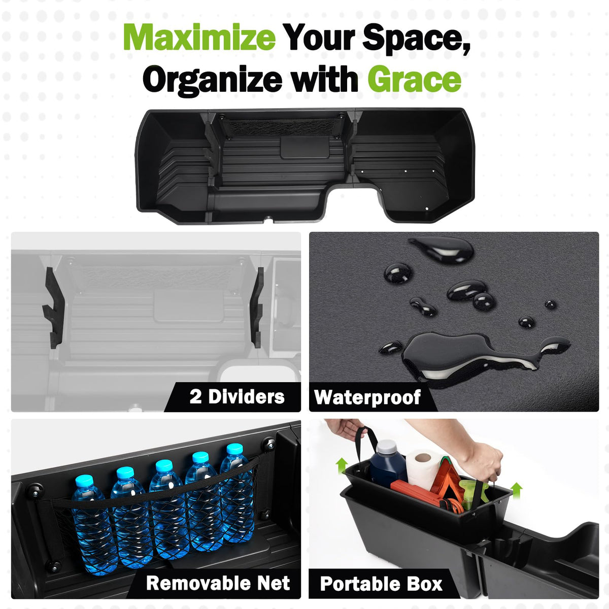 Mixsuper Liner installed under rear seat demonstrating space-saving organization