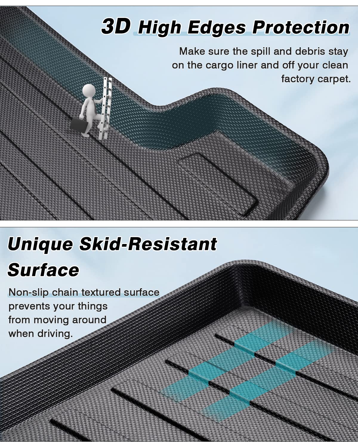 Mixsuper detail of raised edge containing spills in Tesla Model S trunk