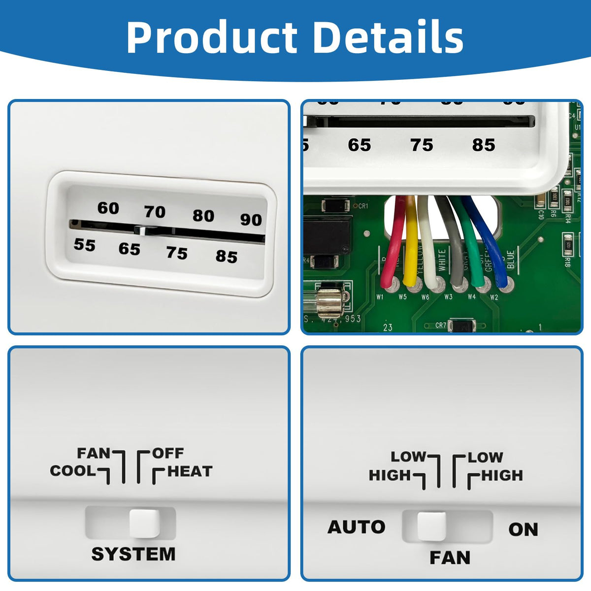 MIYOLO thermostat side profile highlighting slim white housing for neat RV fit