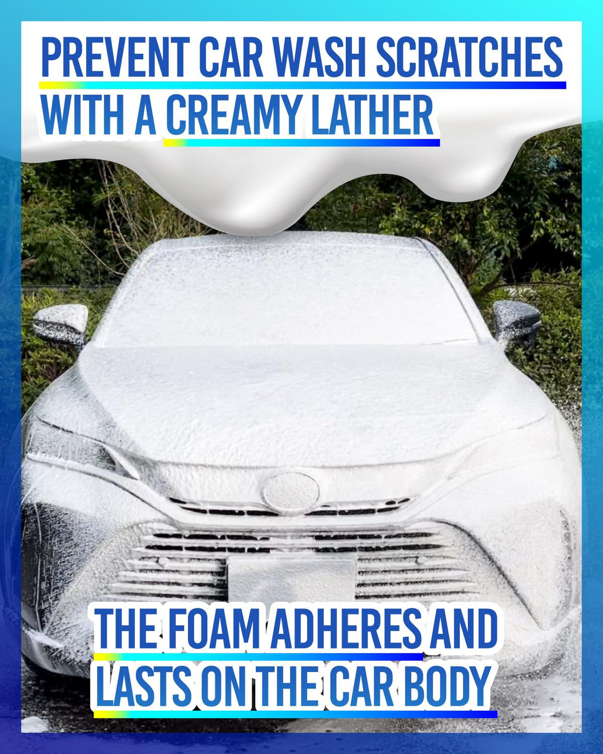 MJJC foam thick white suds from foam cannon clinging to car surface