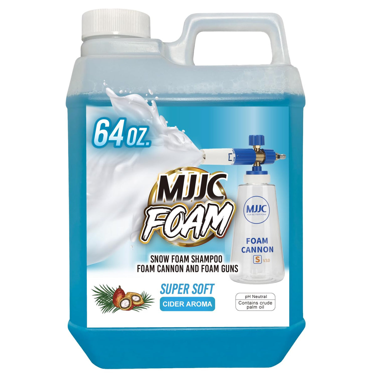 MJJC foam front label on 64 fl oz bottle showing product benefits