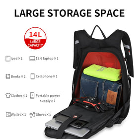 mjmoto opened pack displaying internal pockets for organized storage