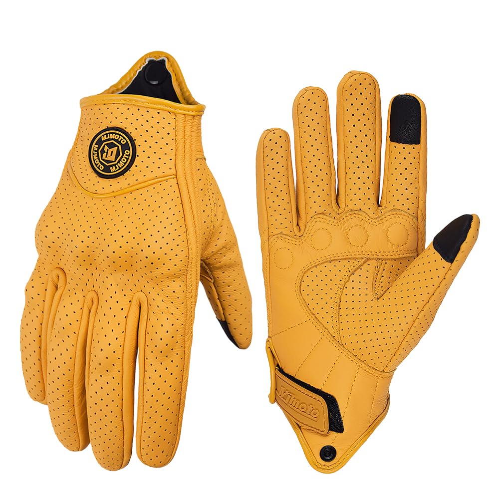 mjmoto front view yellow-hole gloves showing vintage style and fit