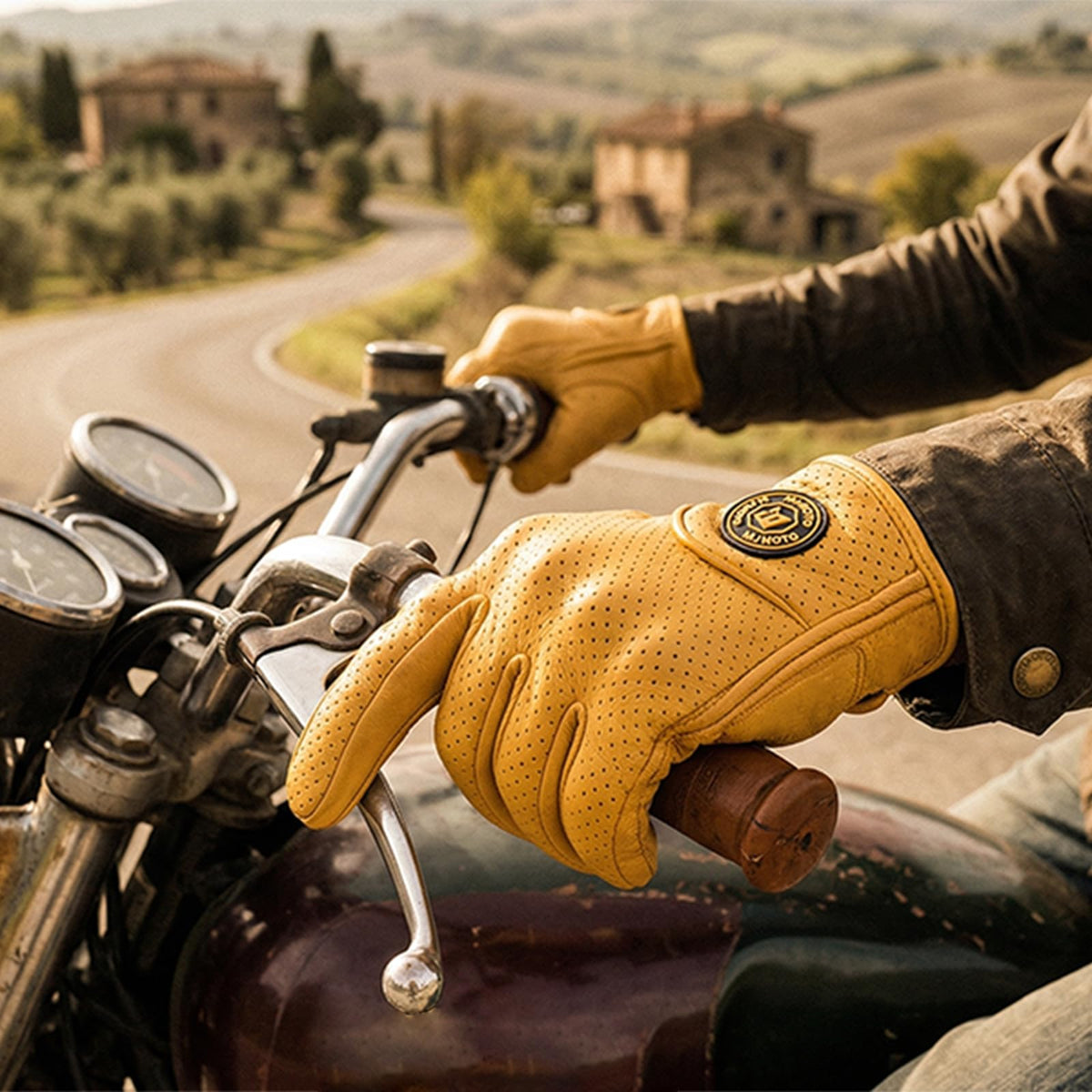 mjmoto close-up perforation pattern highlighting breathable goat leather