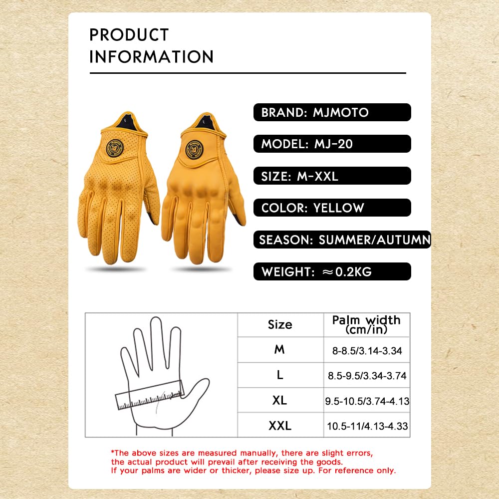 mjmoto dual-size chart image helping buyers pick correct glove size