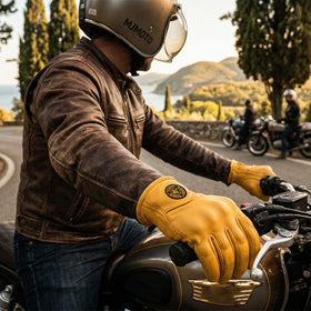 mjmoto gloves worn on motorcycle showing vintage style and rider confidence