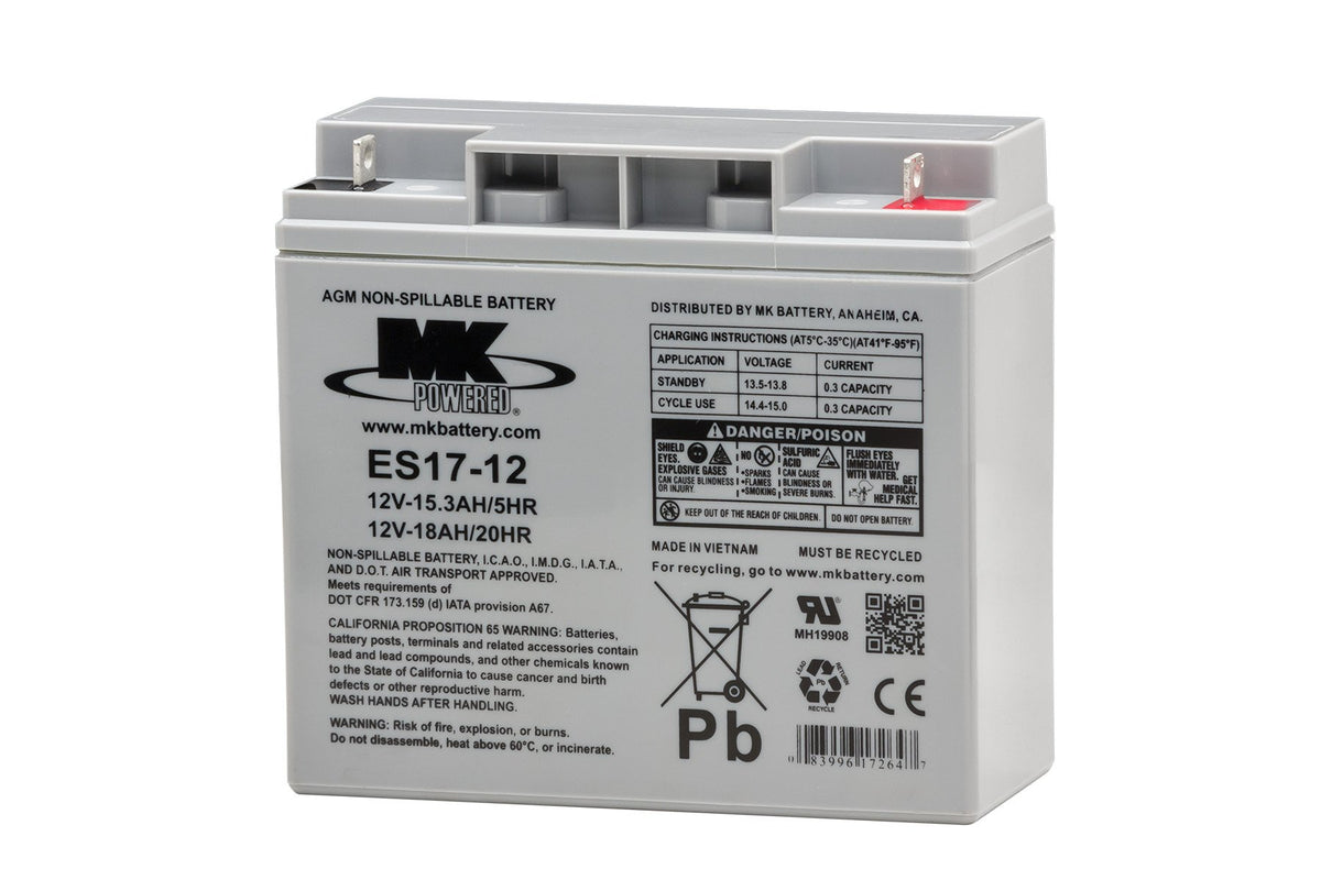 MK Battery ES17-12 front view showing label and sealed case, demonstrating reliability
