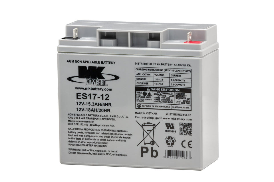 MK Battery ES17-12 front view showing label and sealed case, demonstrating reliability
