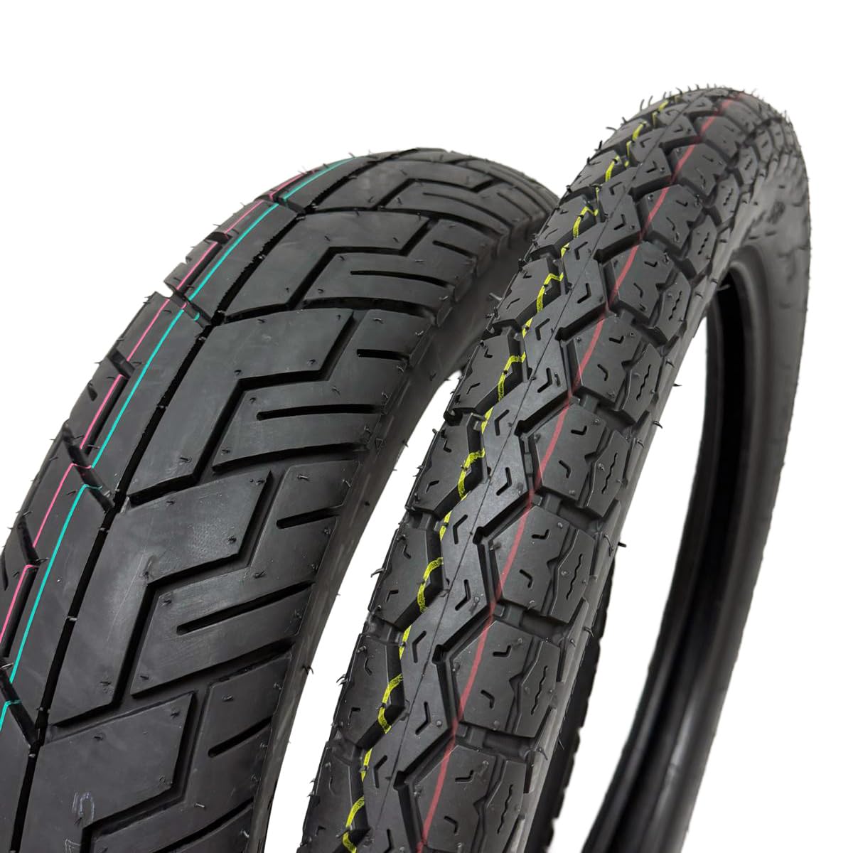 MMG front 3.00-18 tire full view showing tread and profile for improved steering