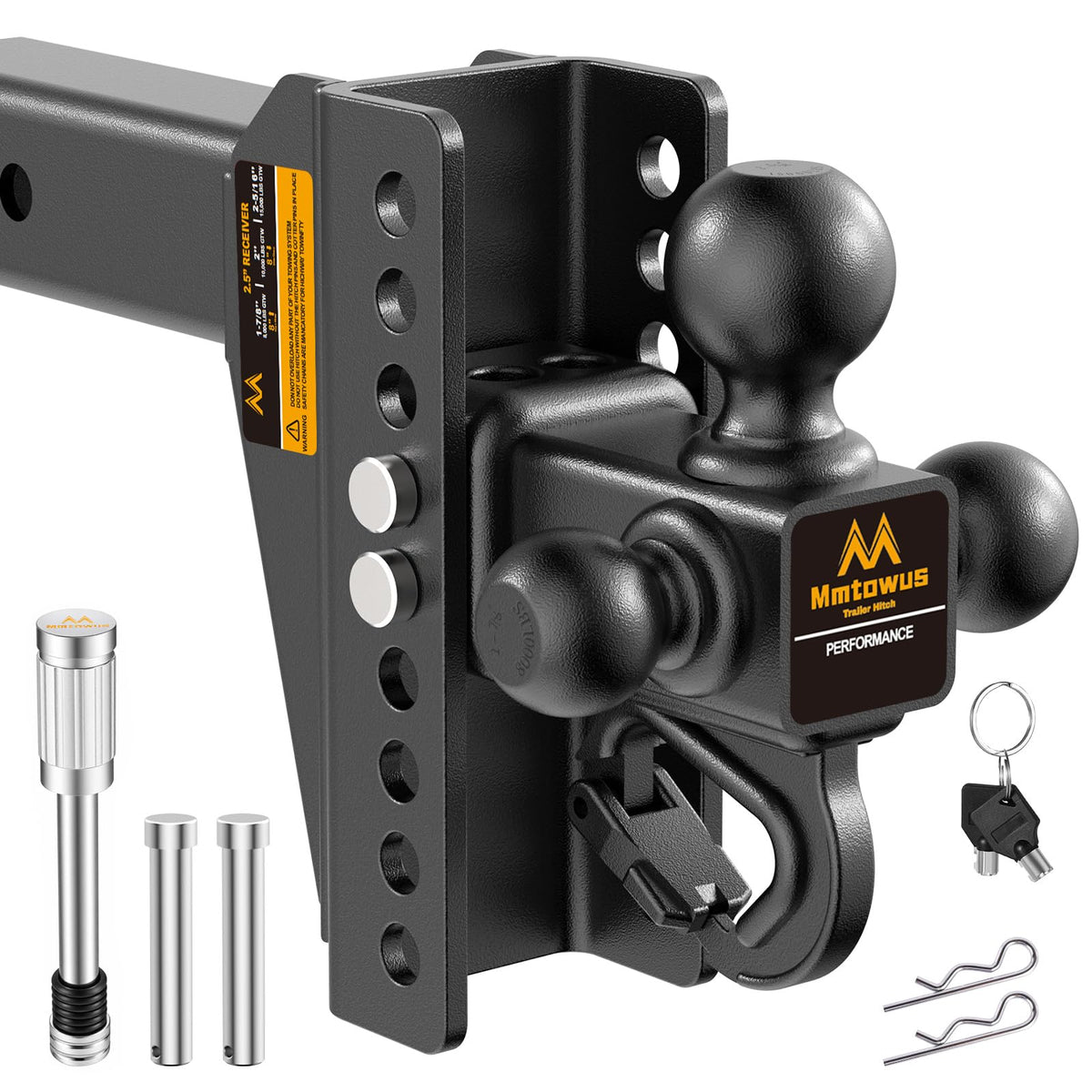 Mmtowus front view of assembled hitch showing all three balls and finish, versatile towing