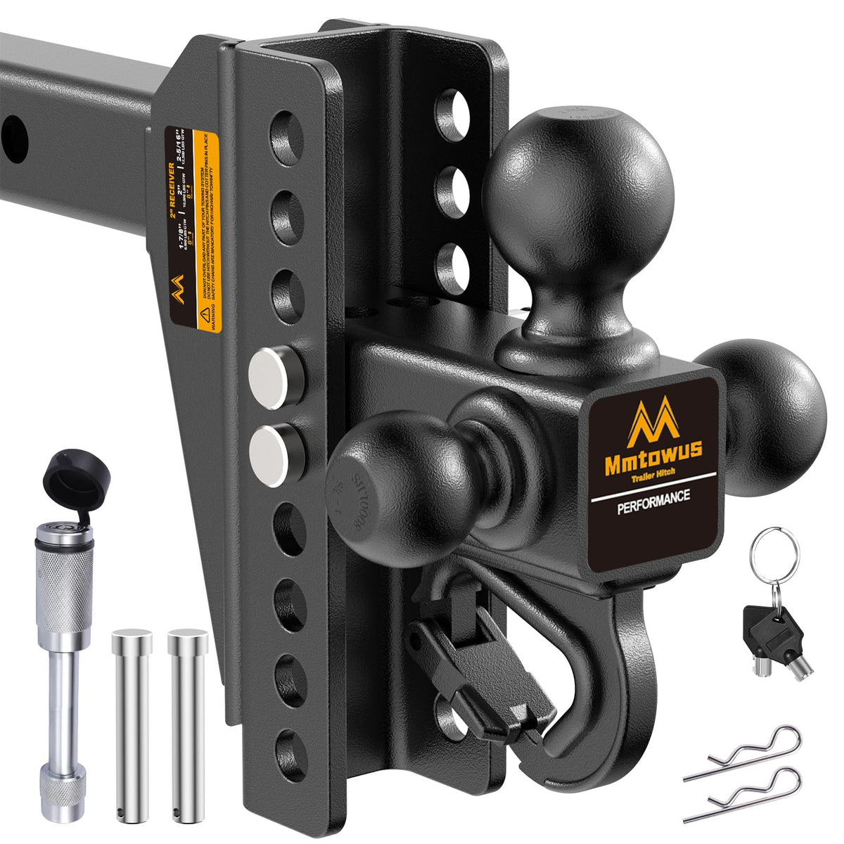 Mmtowus front view showing three hitch balls and universal compatibility benefit