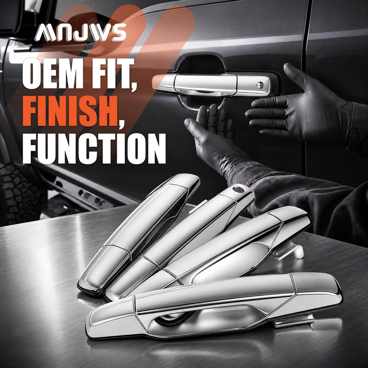 MNJWS handle surface texture close-up showing durable scratch-resistant plating