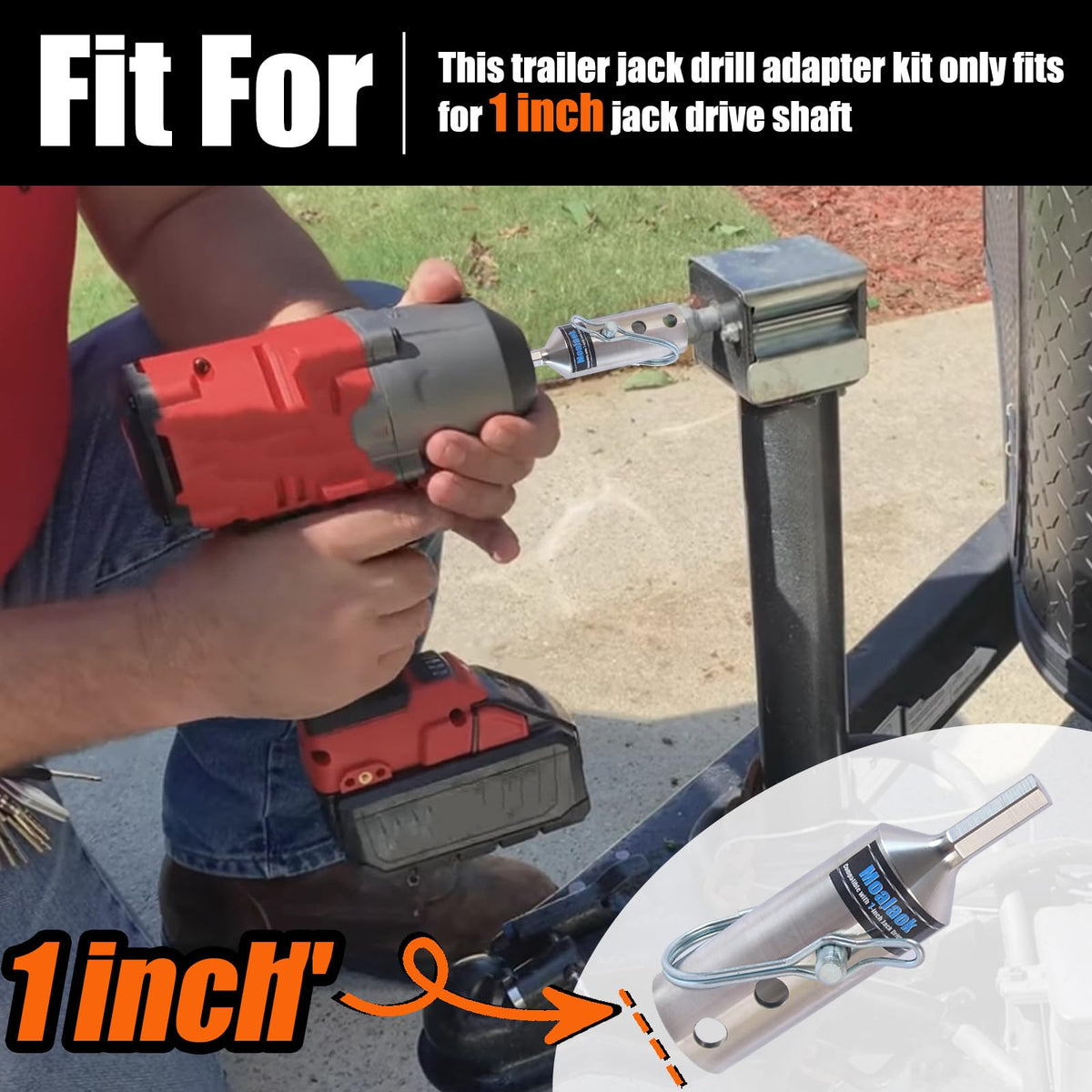 Moalaok used with cordless drill lifting trailer illustrating faster, low-effort operation