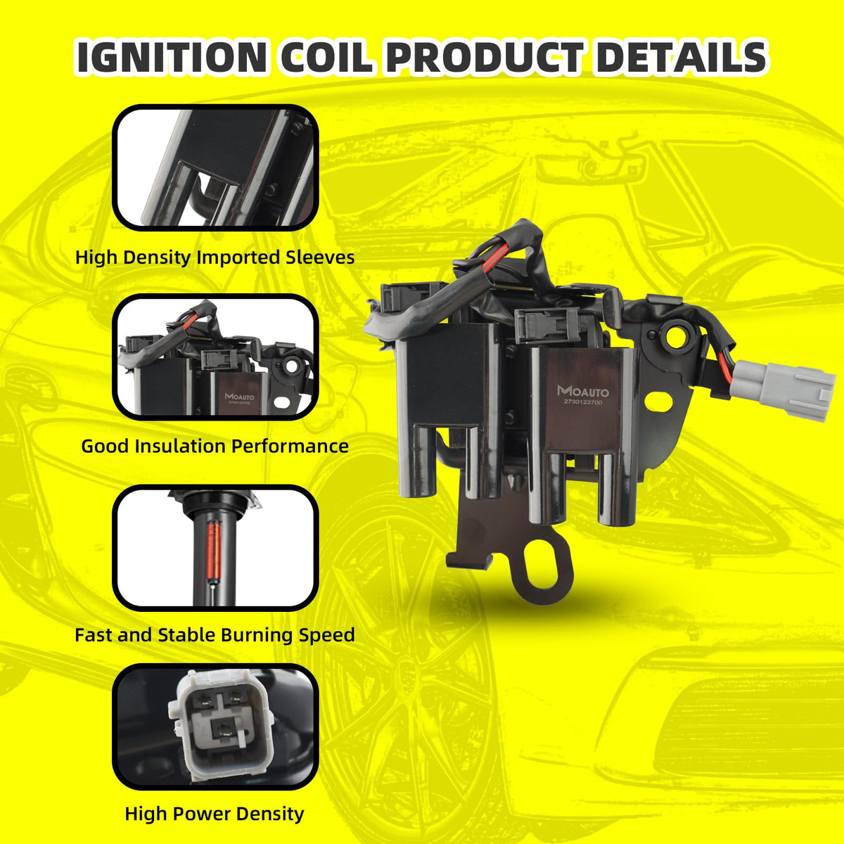 MOAUTO iridium spark plug detail showing fine electrode for longer life and stable ignition