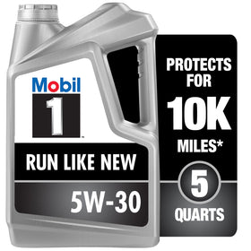 Mobil 1 front packaging showing 5W-30 label and long-life protection benefits