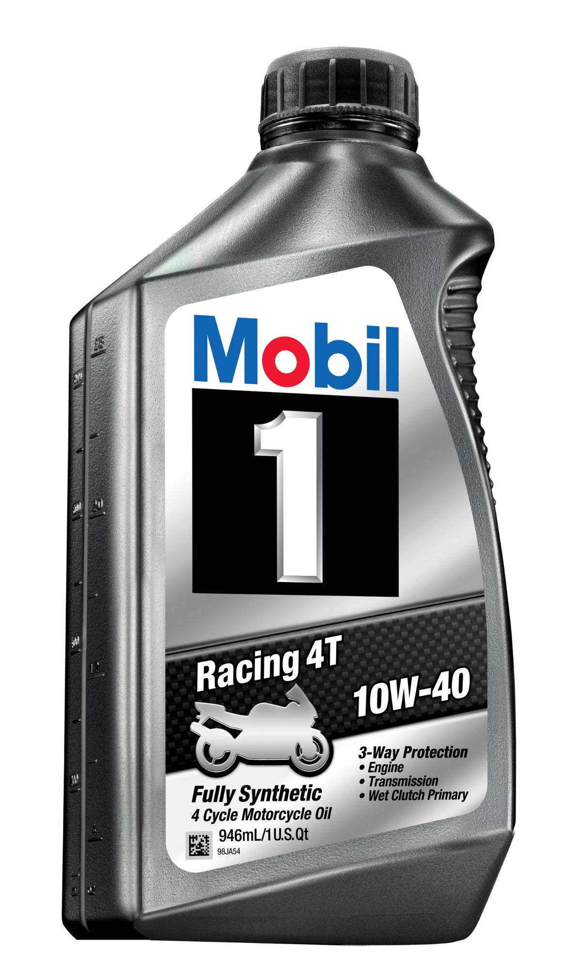 Mobil 1 front bottle image showing label and racing 4T benefits for sportbike protection