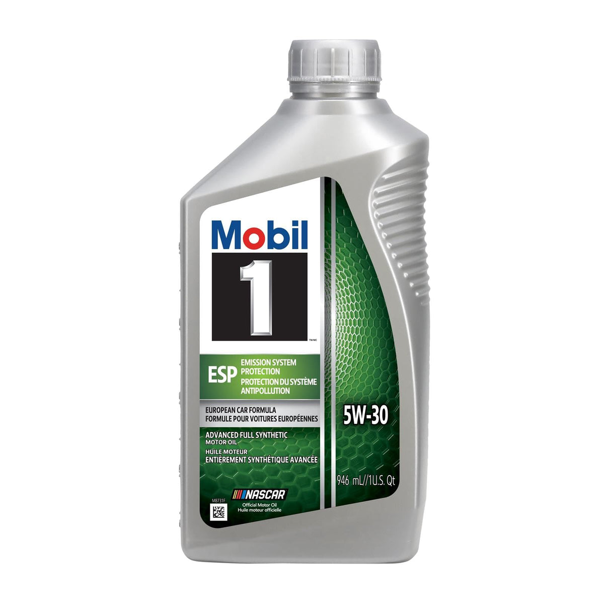 Close-up of Mobil 1 bottle texture and pour spout highlighting quality