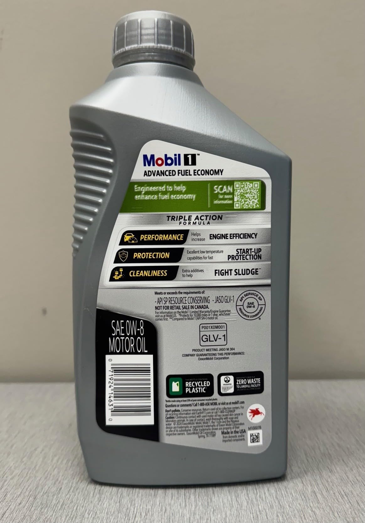 Mobil 1 viscosity and JASO GLV-1 specification label confirming compatibility