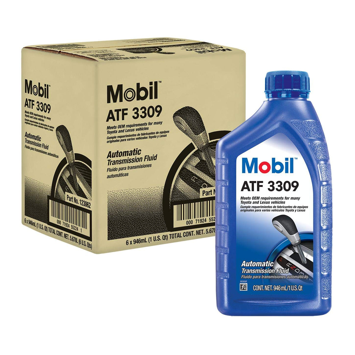 Mobil 3309 bottle close-up highlighting fluid color and texture for quality assurance