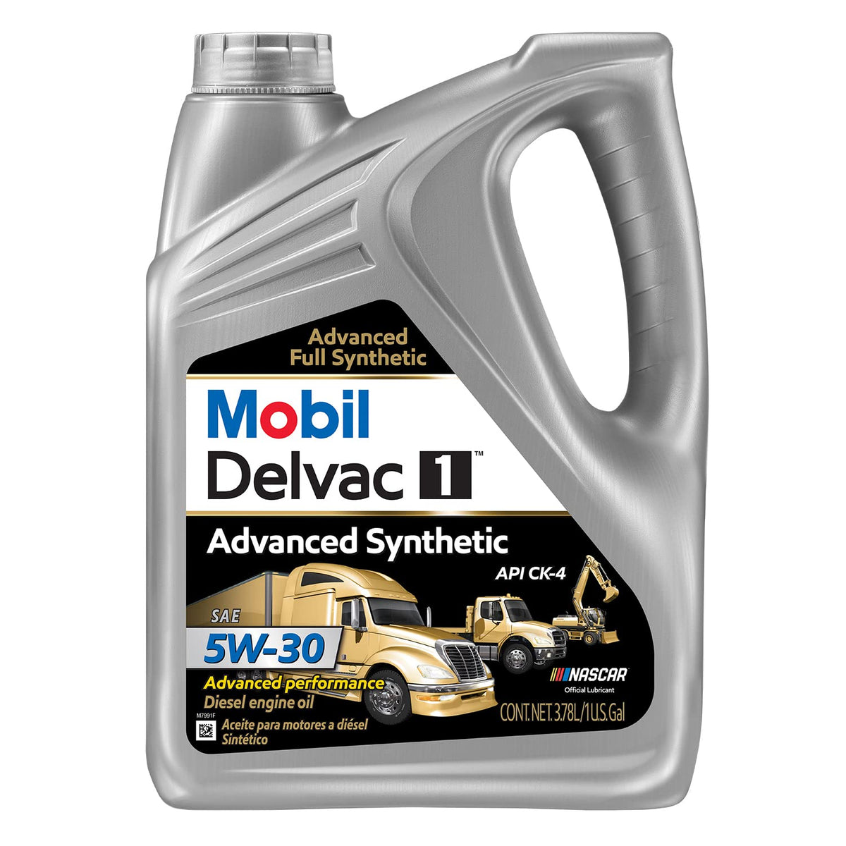 mobil Delvac 1 front label showing product and specification benefits