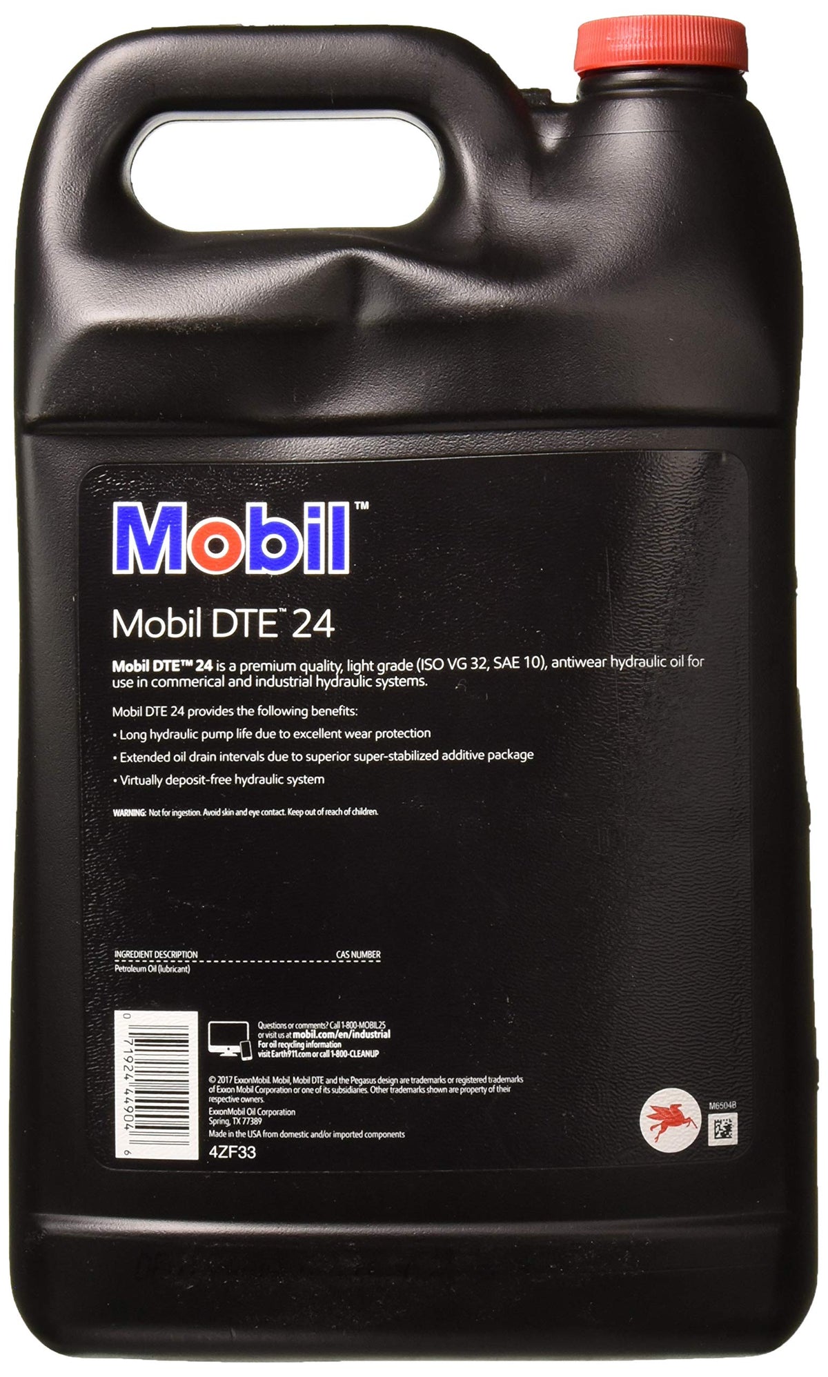 Mobil DTE 24 pouring close-up highlighting fluid clarity and lightweight flow for efficient pumps