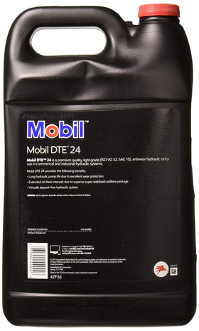 Mobil DTE 24 pouring close-up highlighting fluid clarity and lightweight flow for efficient pumps