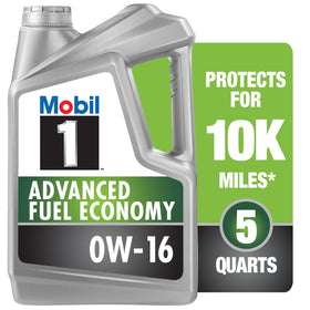 Mobil 1 front label on 5 quart bottle showing product and benefits
