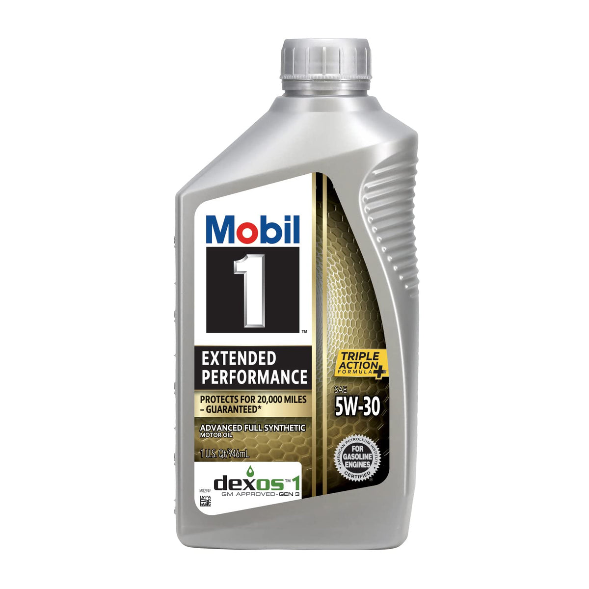 Mobil 1 top label close-up highlighting product specs and warranty benefit