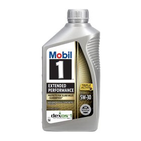 Mobil 1 top label close-up highlighting product specs and warranty benefit