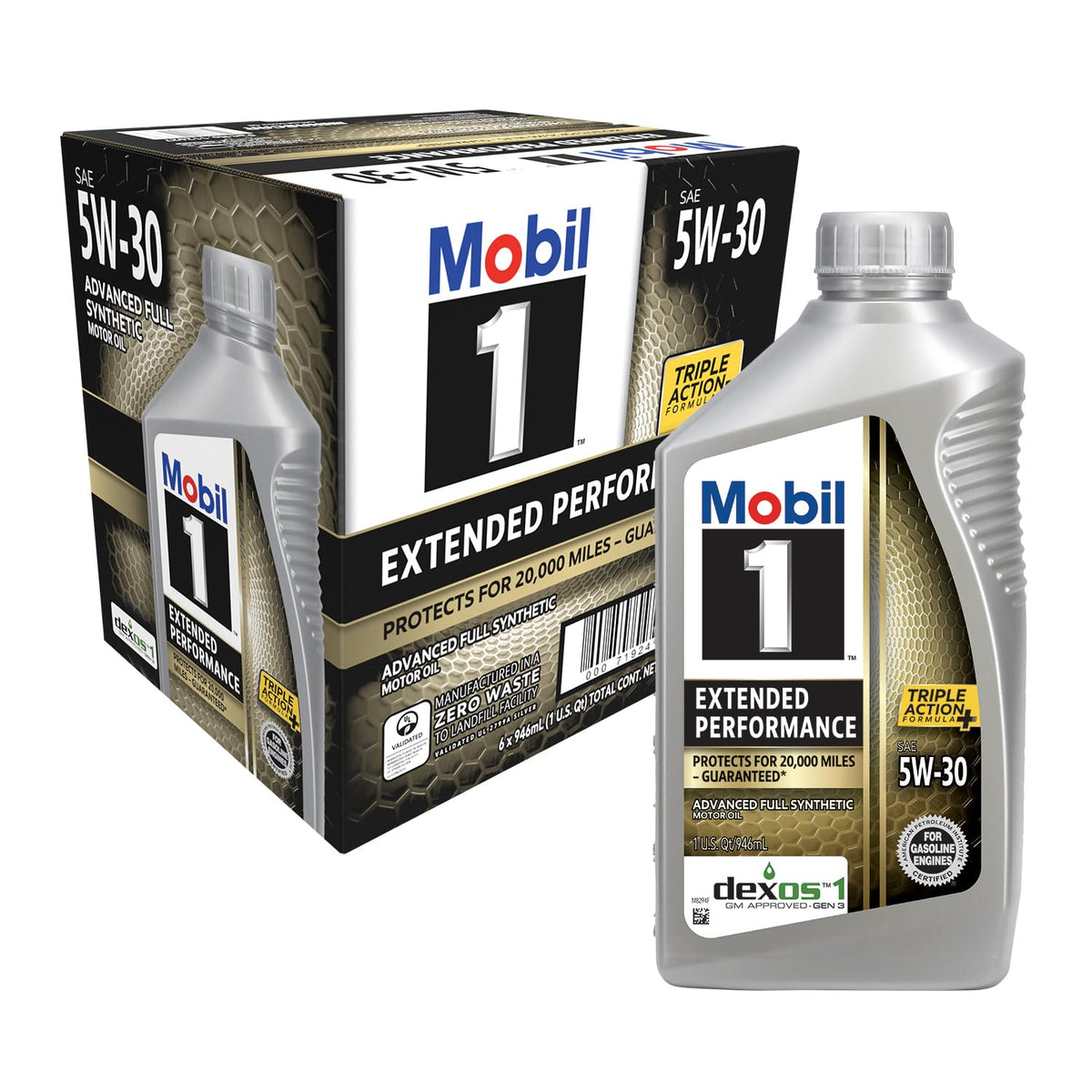 Mobil 1 front packaging showing brand and 5W-30 protection benefit