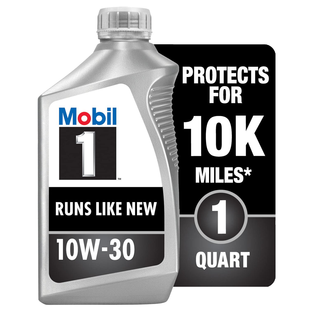Mobil bottle front label showing product identity and benefits