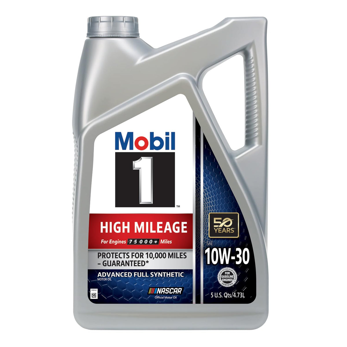 Mobil 1 five-quart bottle demonstrating size and capacity