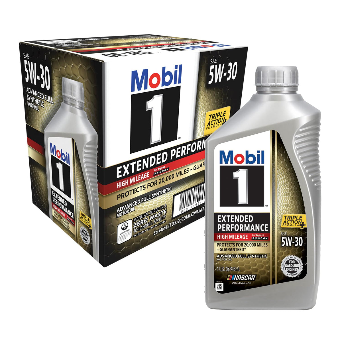 Mobil 1 front packaging showing 6-pack quart bottles for long-life protection