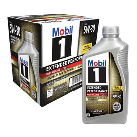 Mobil 1 front packaging showing 6-pack quart bottles for long-life protection
