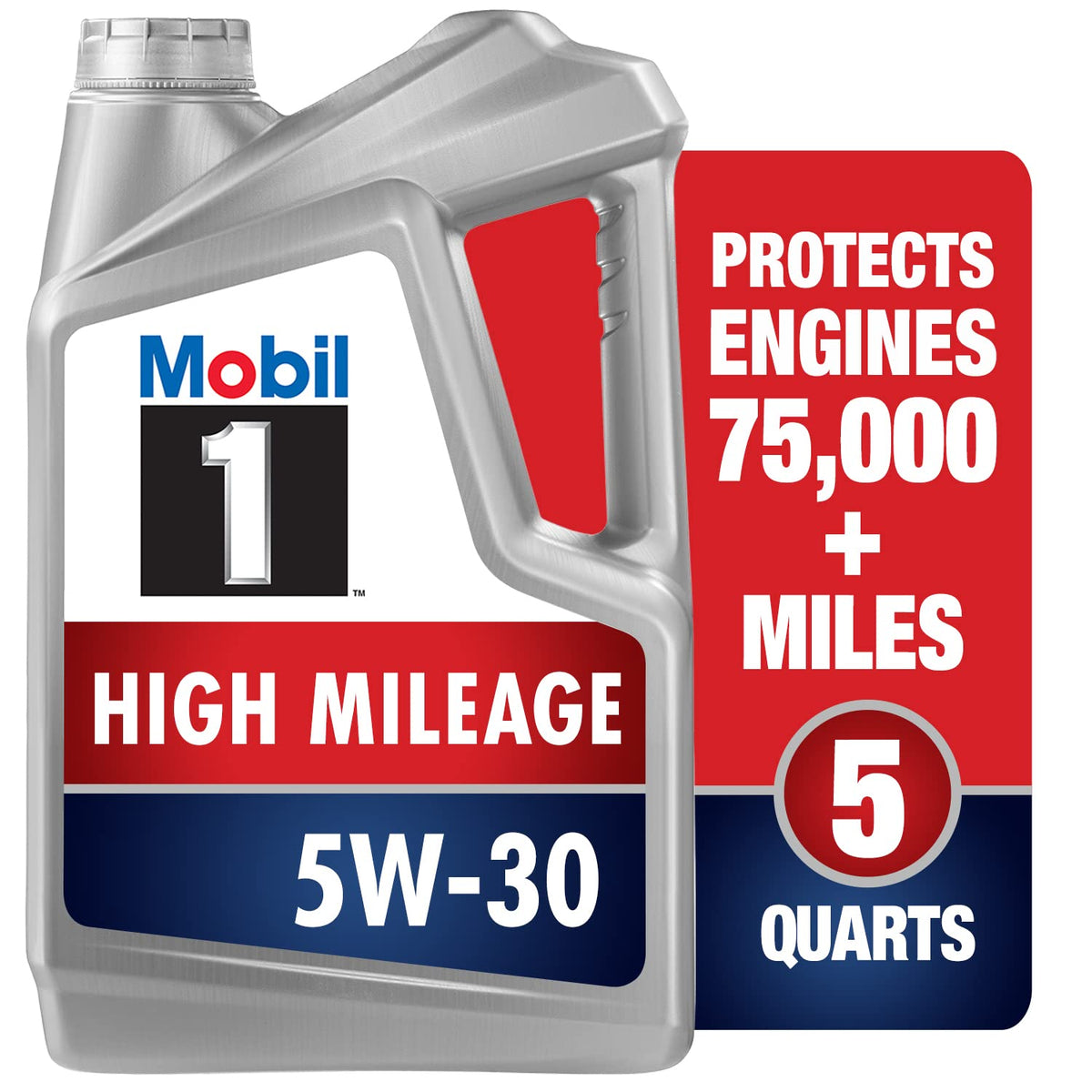 Mobil 1 front label showing 5W-30 benefits and mileage protection