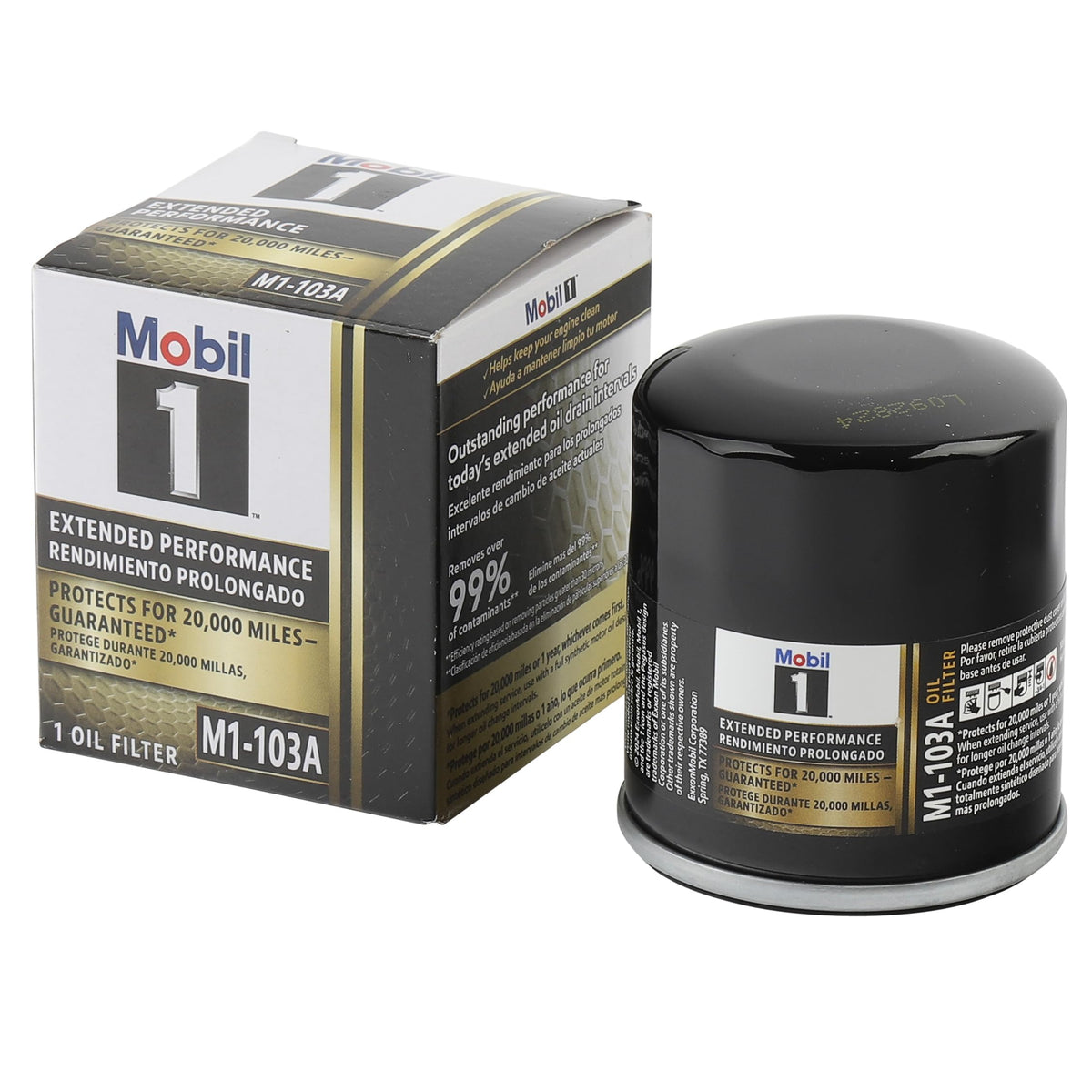 Mobil 1 heavy-duty canister close-up highlighting durable construction and strength