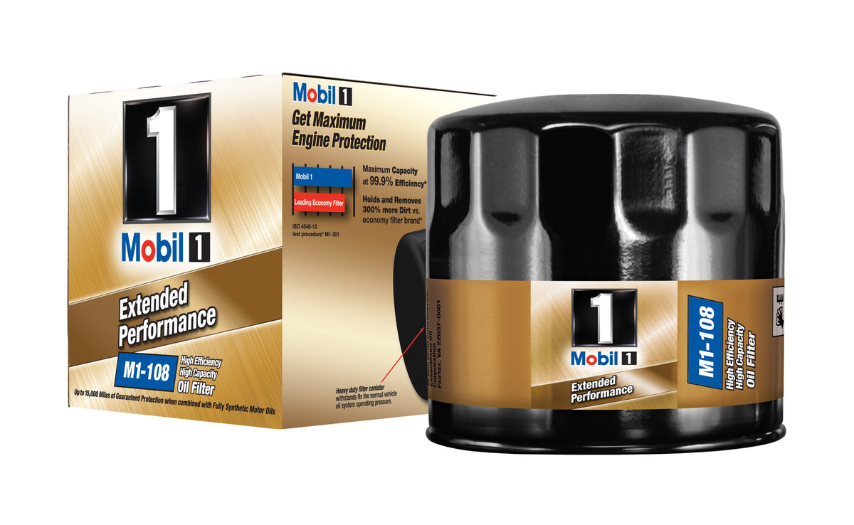 Mobil 1 front view of M1-108 pack showing durable housing and clear branding