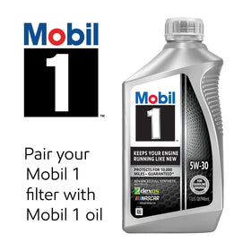 Mobil 1 filter next to a ruler showing size and scale for correct purchase decision