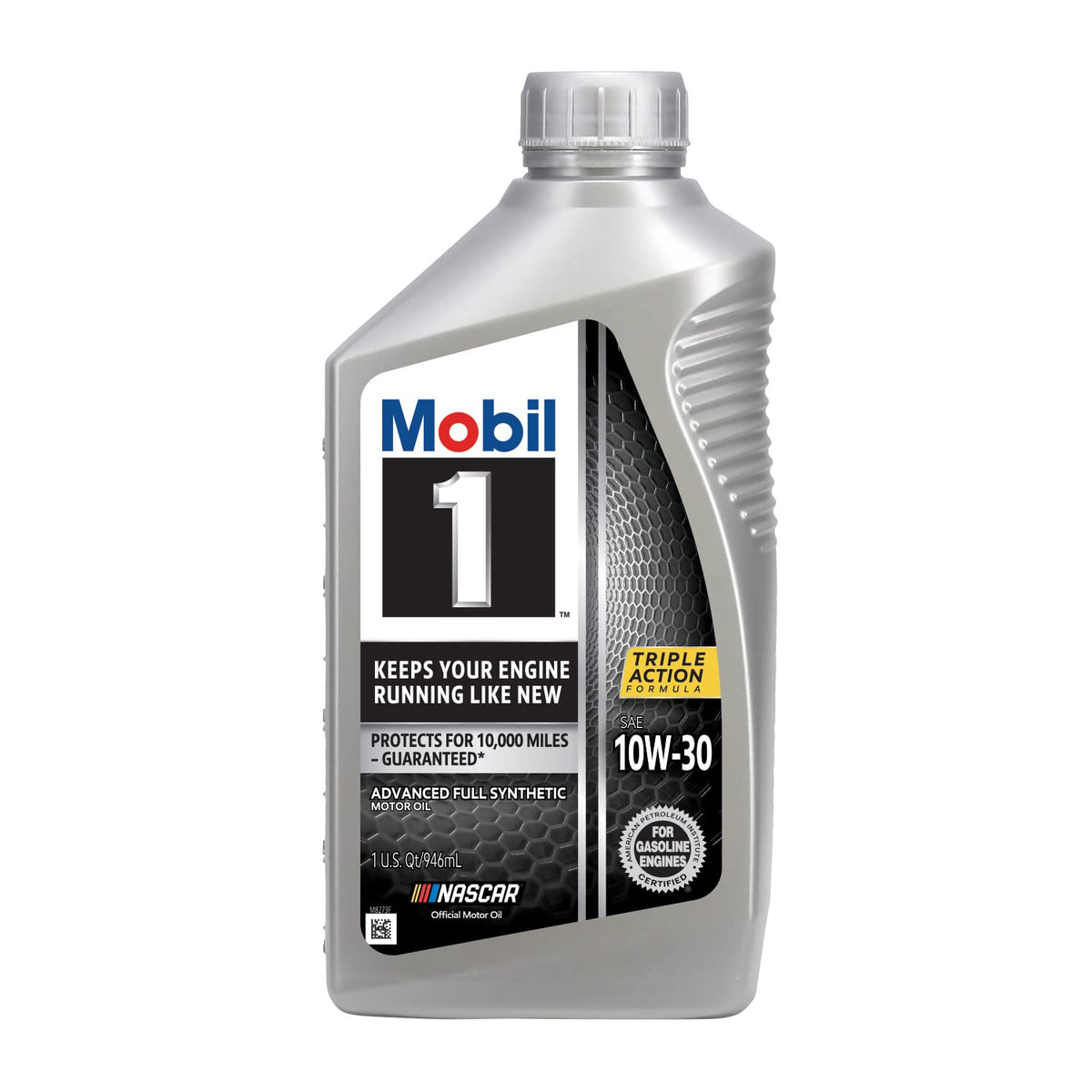 Mobil 1 single quart close-up showing cap and packaging benefit