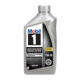 Mobil 1 single quart close-up showing cap and packaging benefit