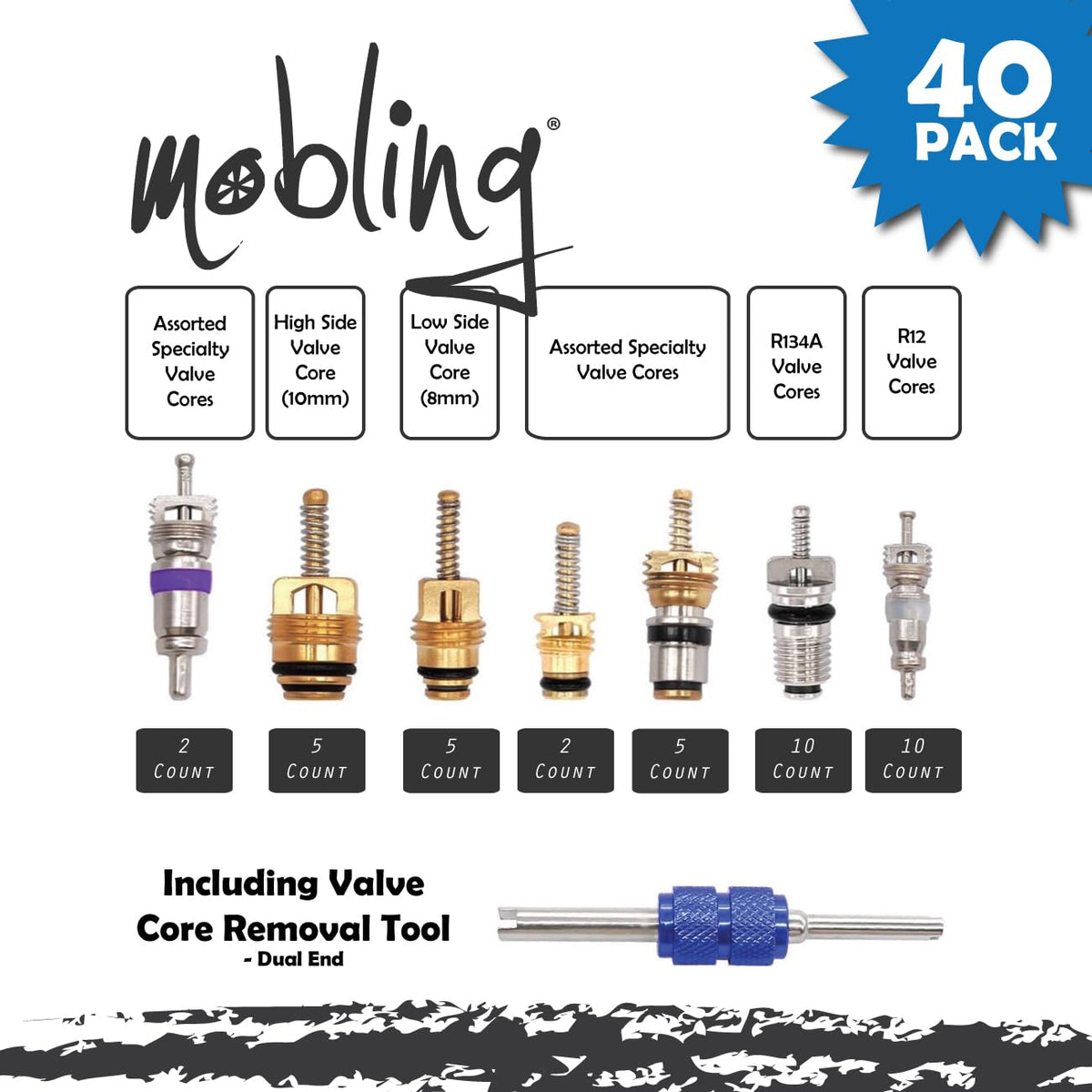 Mobling layout of valve cores displaying R12 and R134a types for broad compatibility