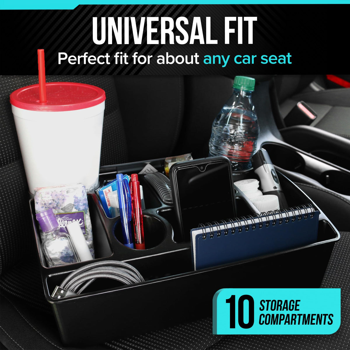 Moblorg cup holders with bottles and interior layout organizing devices and snacks