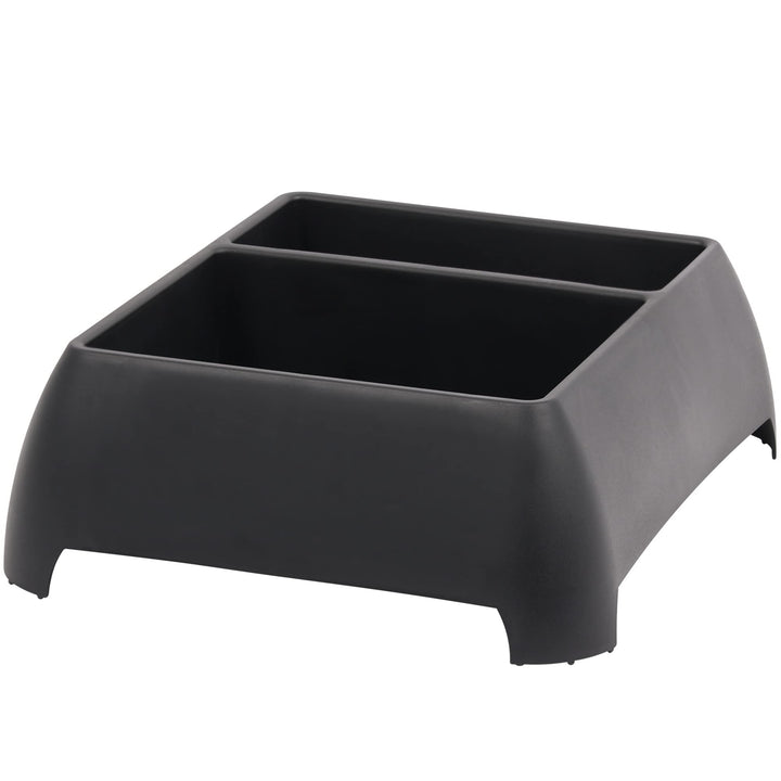 Moblorg front view of black crate showing sturdy walls and stackable shape for organized storage