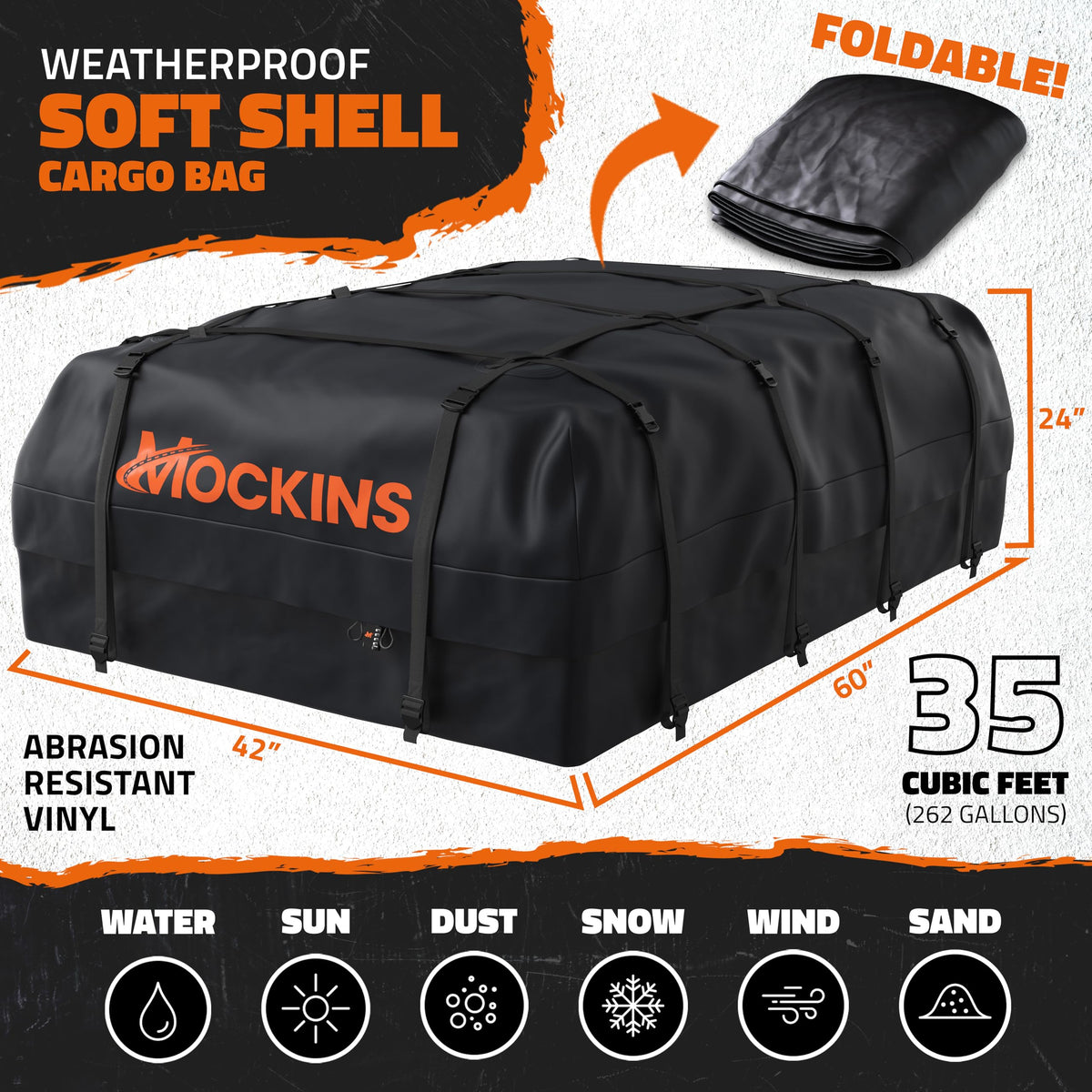 Mockins waterproof zipper under protective flap keeping contents dry