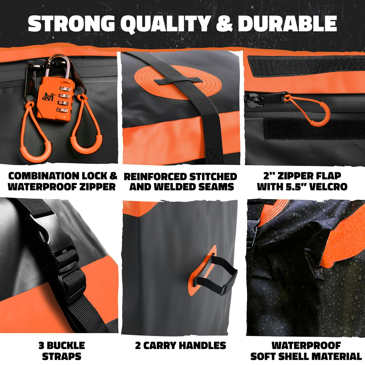 Mockins close-up of waterproof zipper flap protecting contents from rain
